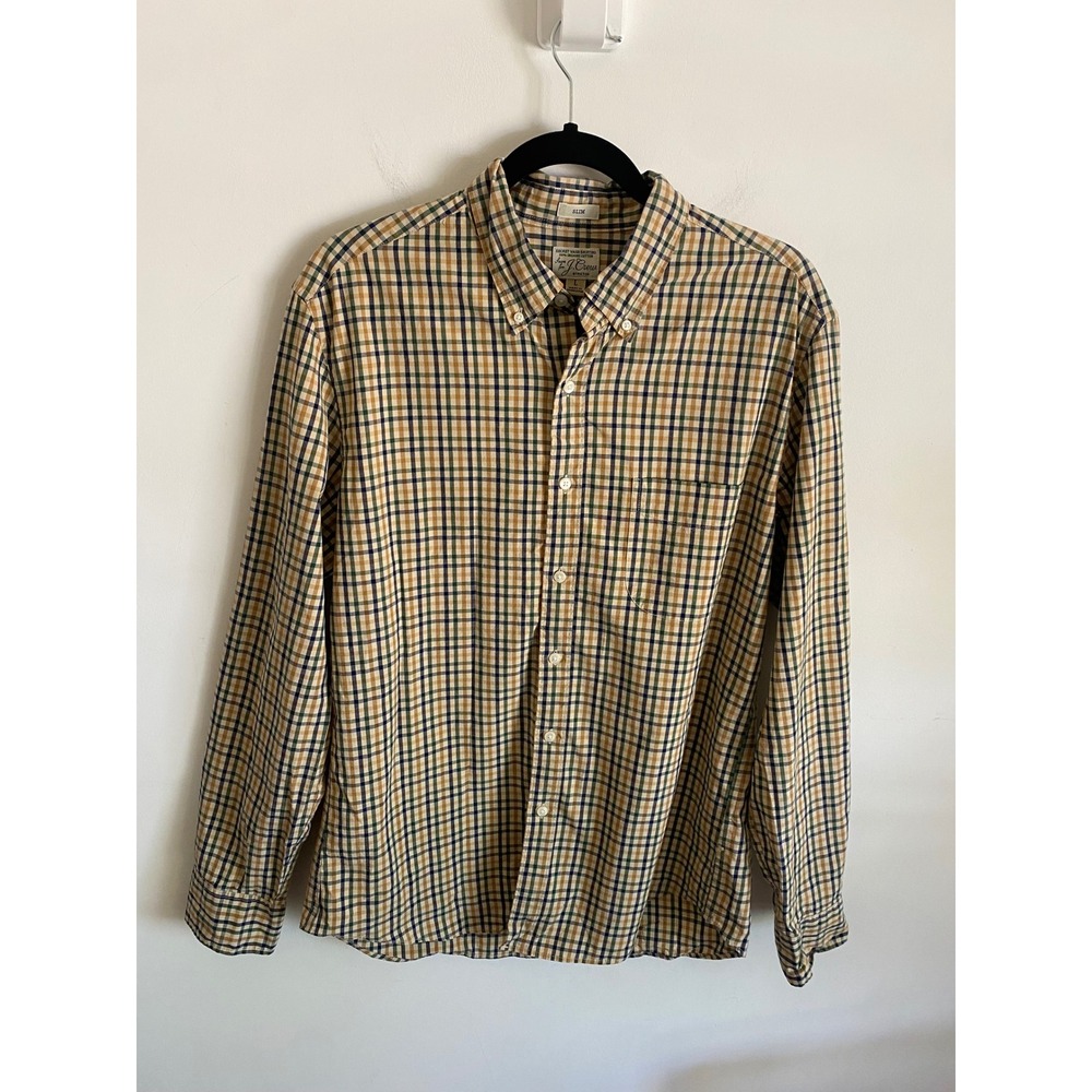 J.Crew Slim Secret Wash Organic Cotton Stretch Plaid Shirt Mens Large Tan Navy